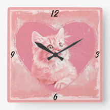 ピンクヴィンテージかわいいキットンハートスクエアウォールクロック