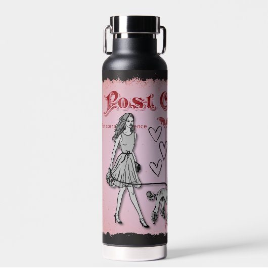 ピンクヴィンテージはがき女性とプードルラブ ウォーターボトル (正面)