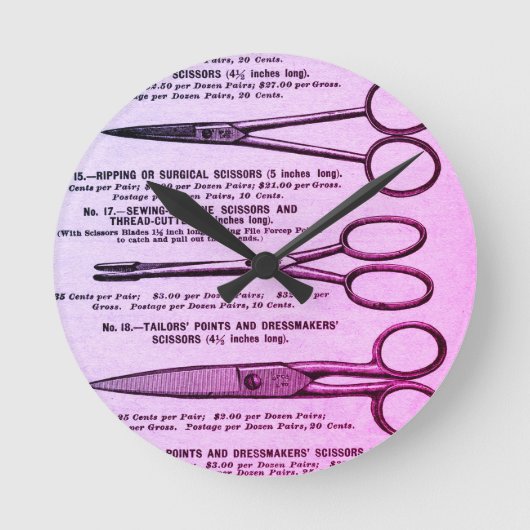 ピンクヴィンテージはさみ広告 ラウンド壁時計 (正面)
