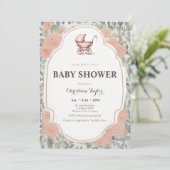 ピンクヴィンテージアンティークバラベビーカー赤ちゃんシャワー 招待状 (スタンド正面)