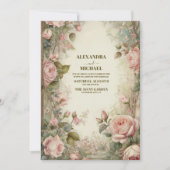 ピンクヴィンテージアールヌーボー結婚フローラ 招待状 (正面)