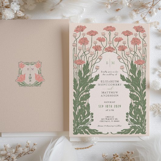 ピンクヴィンテージアールヌーボー結婚フローラ 招待状