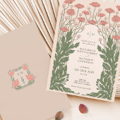 ピンクヴィンテージアールヌーボー結婚フローラ 招待状