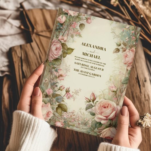 ピンクヴィンテージアールヌーボー結婚フローラ 招待状