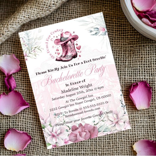 ピンクヴィンテージウェスタン女性のカーボーイバチェロレッテ 招待状