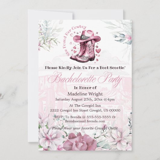 ピンクヴィンテージウェスタン女性のカーボーイバチェロレッテ 招待状 (正面)