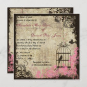 ピンクヴィンテージウェディングバードケージ招待状 招待状 (正面/裏面)