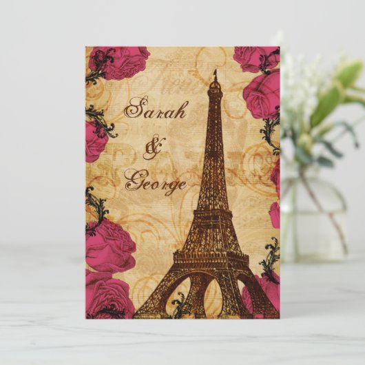 ピンクヴィンテージエッフェルタワーパリ感謝していユー 招待状 (スタンド正面)