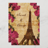 ピンクヴィンテージエッフェルタワーパリ感謝していユー 招待状 (正面/裏面)