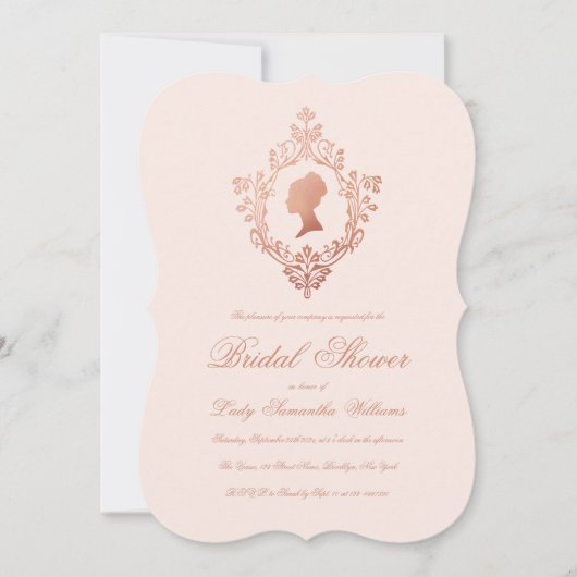 ピンクヴィンテージエレガントバラ金ゴールドクレストブライダルシャワー 招待状 (正面)