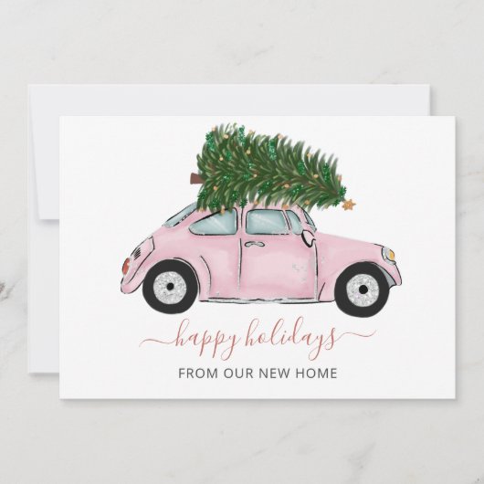 ピンクヴィンテージクリスマスカーウェーブホリデーカードを移動 (正面)