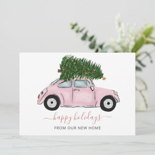 ピンクヴィンテージクリスマスカーウェーブホリデーカードを移動 (スタンド正面)