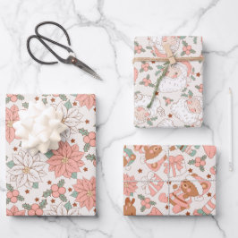 ピンクヴィンテージサンタフローラクリスマストイズ ラッピングペーパーシート