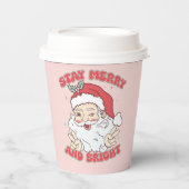 ピンクヴィンテージサンタ「ステイメリーアンドブライト」クリスマス 紙コップ (正面)