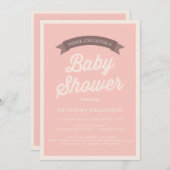 ピンクヴィンテージタイポグラフィベビーシャワー 招待状 (正面/裏面)