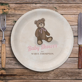 ピンクヴィンテージテディベアカスタムベビーシャワー ペーパープレート