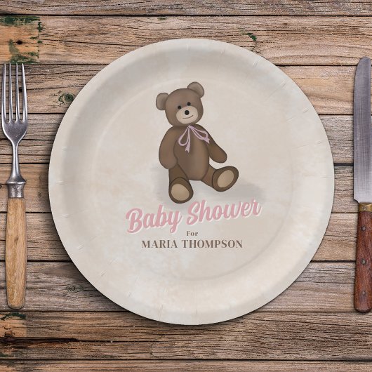 ピンクヴィンテージテディベアカスタムベビーシャワー ペーパープレート