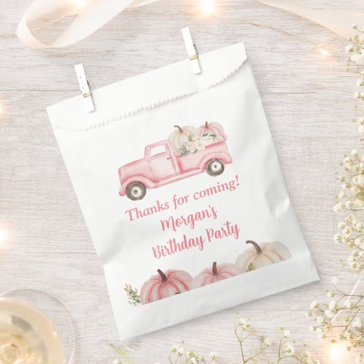 ピンクヴィンテージトラックカボチャ誕生日パーティー フェイバーバッグ (クリップ留めされた状態)
