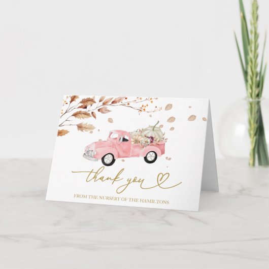 ピンクヴィンテージトラック秋ベビーシャワーありがとう サンキューカード (正面)
