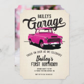 ピンクヴィンテージトラック誕生日パーティフォト招待状 招待状 (正面/裏面)