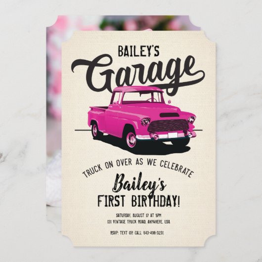 ピンクヴィンテージトラック誕生日パーティフォト招待状 招待状 (正面/裏面)