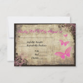 ピンクヴィンテージバタフライウェディングRSVPカード 出欠カード (正面)