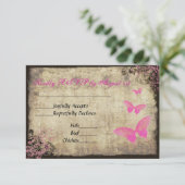 ピンクヴィンテージバタフライウェディングRSVPカード 出欠カード (スタンド正面)
