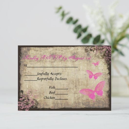 ピンクヴィンテージバタフライウェディングRSVPカード 出欠カード (スタンド正面)