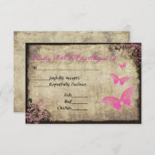 ピンクヴィンテージバタフライウェディングRSVPカード 出欠カード (正面/裏面)