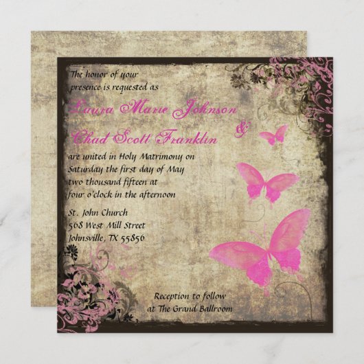 ピンクヴィンテージバタフライ招待状 招待状 (正面/裏面)