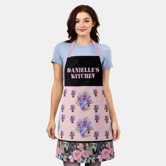 ピンクヴィンテージバラバラ水彩カスタマイズ可能Ap エプロン (着用した状態)