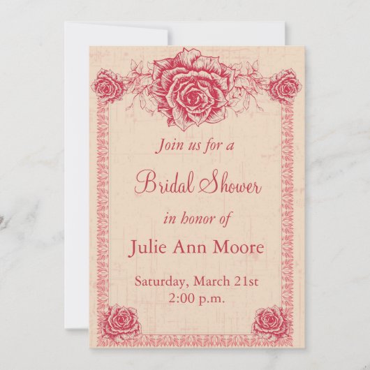 ピンクヴィンテージバラ縁どブライダルシャワー 招待状 (正面)