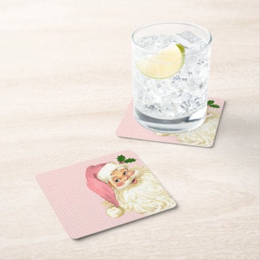 ピンクヴィンテージビクトリアンサンタクロースストライプホテル スクエアペーパーコースター (インサイチュ)