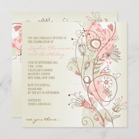 ピンクヴィンテージフローラフェミニン誕生日招待状 招待状 (正面/裏面)