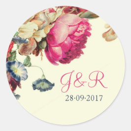 ピンクヴィンテージフローラモノグラム結婚ズステッカー ラウンドシール