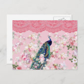 ピンクヴィンテージフローラレエレガントースカラフルピーコック ポストカード (正面/裏面)