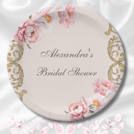 ピンクヴィンテージフローラロコピーニーブライダルシャワー ペーパープレート