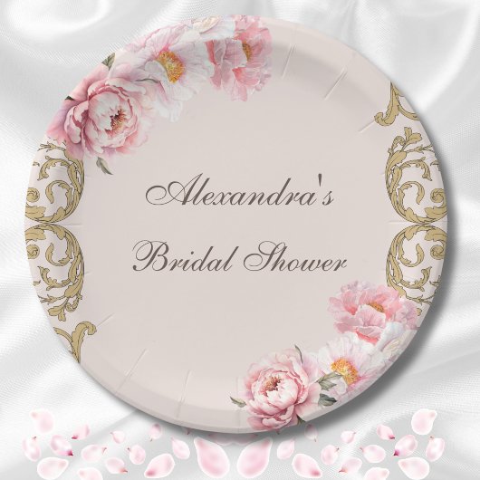 ピンクヴィンテージフローラロコピーニーブライダルシャワー ペーパープレート