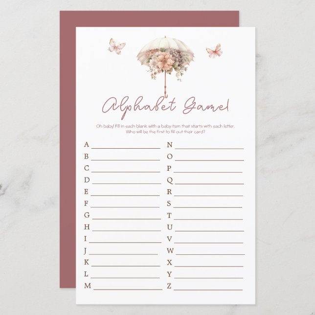 ピンクヴィンテージフローラ傘ベビーシャワーアルファベット (正面/裏面)