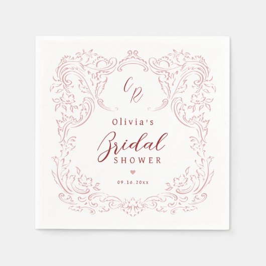 ピンクヴィンテージフローリッシュモノグラムブライダルシャワーパーティー スタンダードカクテルナプキン (正面)
