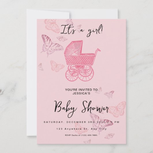 ピンクヴィンテージプラムベビーカー女の子シャワー 招待状 (正面)