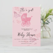 ピンクヴィンテージプラムベビーカー女の子シャワー 招待状 (スタンド正面)