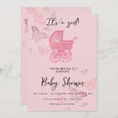 ピンクヴィンテージプラムベビーカー女の子シャワー 招待状 (正面/裏面)