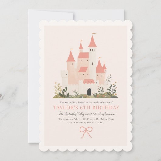 ピンクヴィンテージプリンセスキャッスルフェアヤテール誕生日 招待状 (正面)