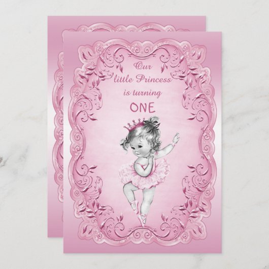 ピンクヴィンテージプリンセスバレリーナ1st誕生日パーティー 招待状 (正面/裏面)