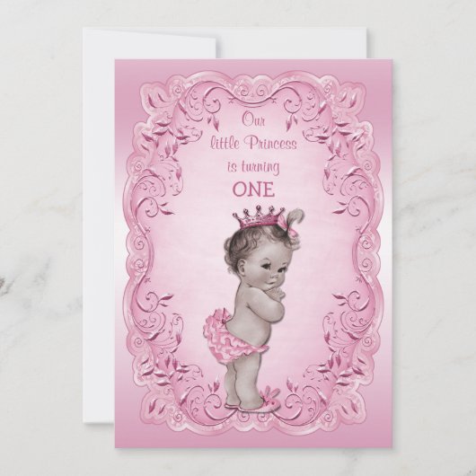ピンクヴィンテージプリンセス1st誕生日パーティー 招待状 (正面)