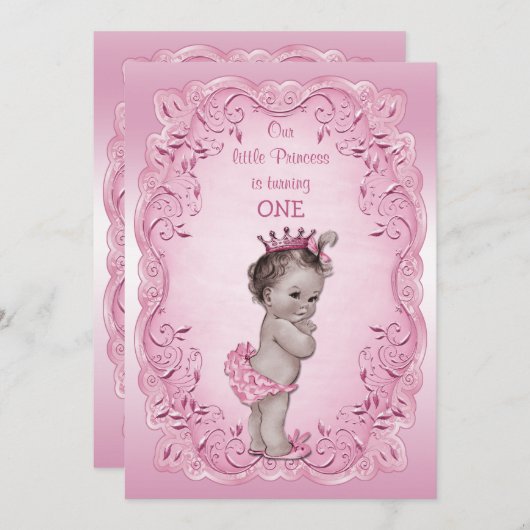 ピンクヴィンテージプリンセス1st誕生日パーティー 招待状 (正面/裏面)