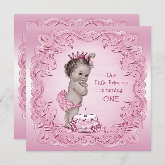 ピンクヴィンテージプリンセス1st誕生日パーティー 招待状 (正面/裏面)