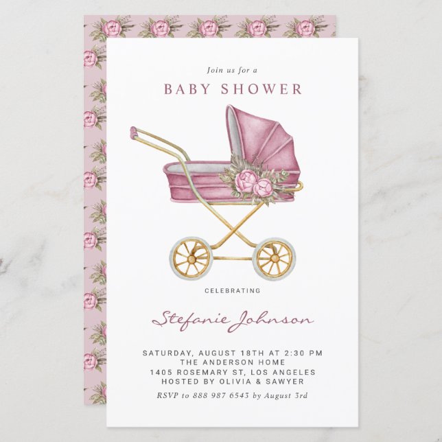 ピンクヴィンテージベビーカー赤ちゃんシャワー招待状 (正面/裏面)
