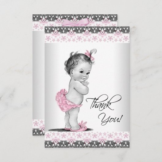 ピンクヴィンテージベビーガールありがとう サンキューカード (正面/裏面)